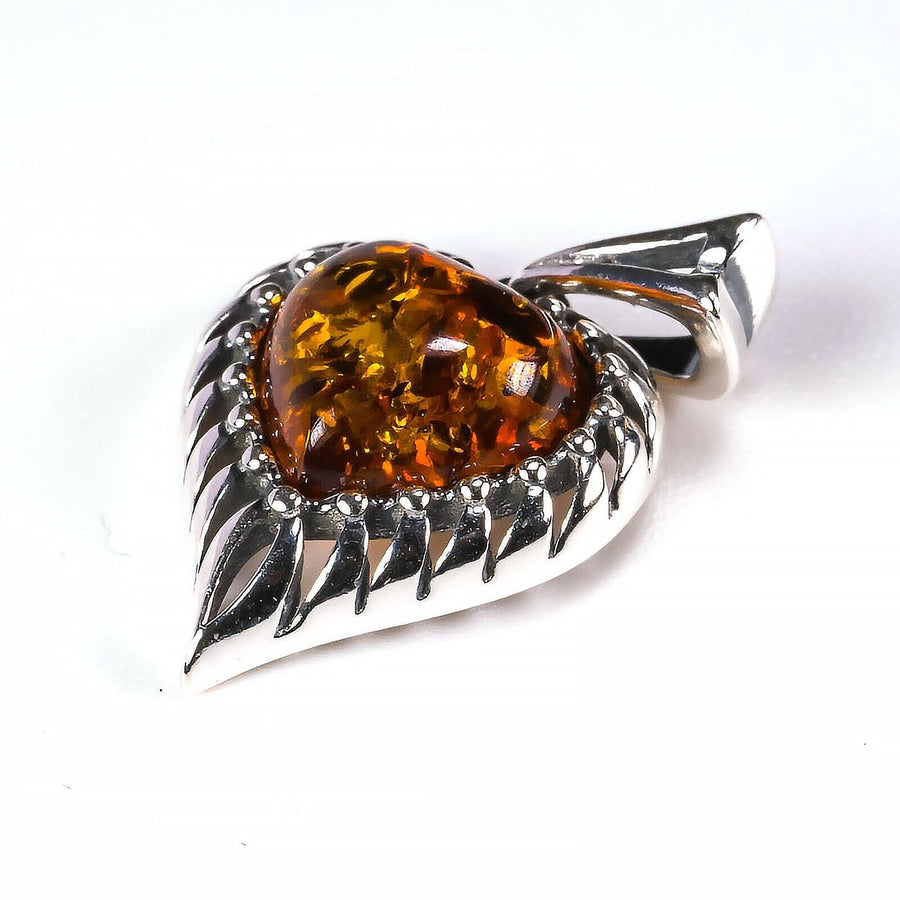 925 Solid Pure Sterling Silver Honey Baltic Amber Modern Beautiful Heart Pendant