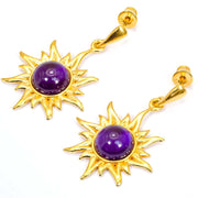 925 Solid Gold Plated Sterling Silver Violet Amber Round Flaming Sun Earrings