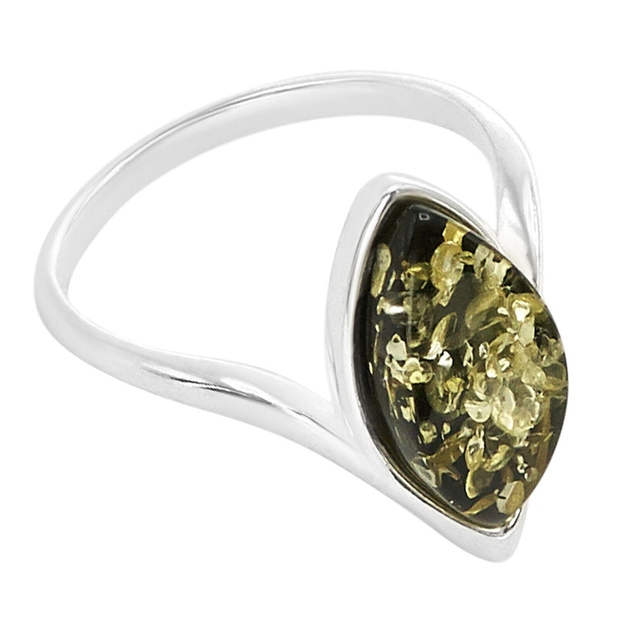 925 Solid Pure Sterling Silver Green Baltic Amber Marquise Designer Classic Ring