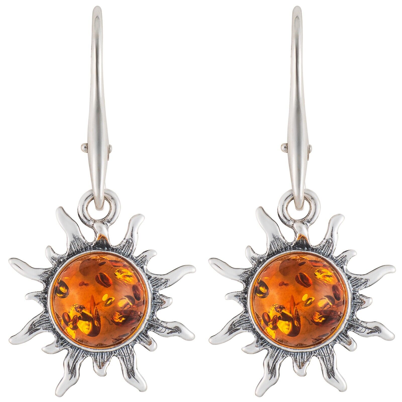 925 Solid Sterling Silver Honey Baltic Amber Flaming Sun Nice Leverback Earrings