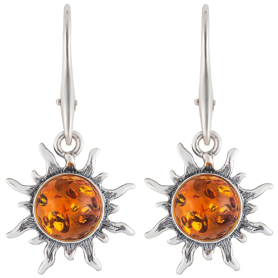 925 Solid Sterling Silver Honey Baltic Amber Flaming Sun Nice Leverback Earrings