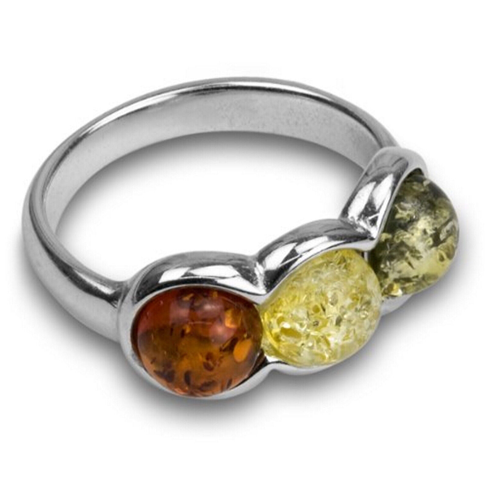 925 Solid Sterling Silver Multicolor Baltic Amber Round Designer Classic Ring