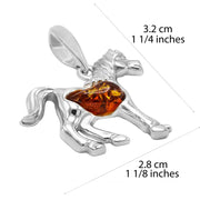 925 Solid Sterling Silver Natural Cognac Baltic Amber Beautiful Horse Pendant