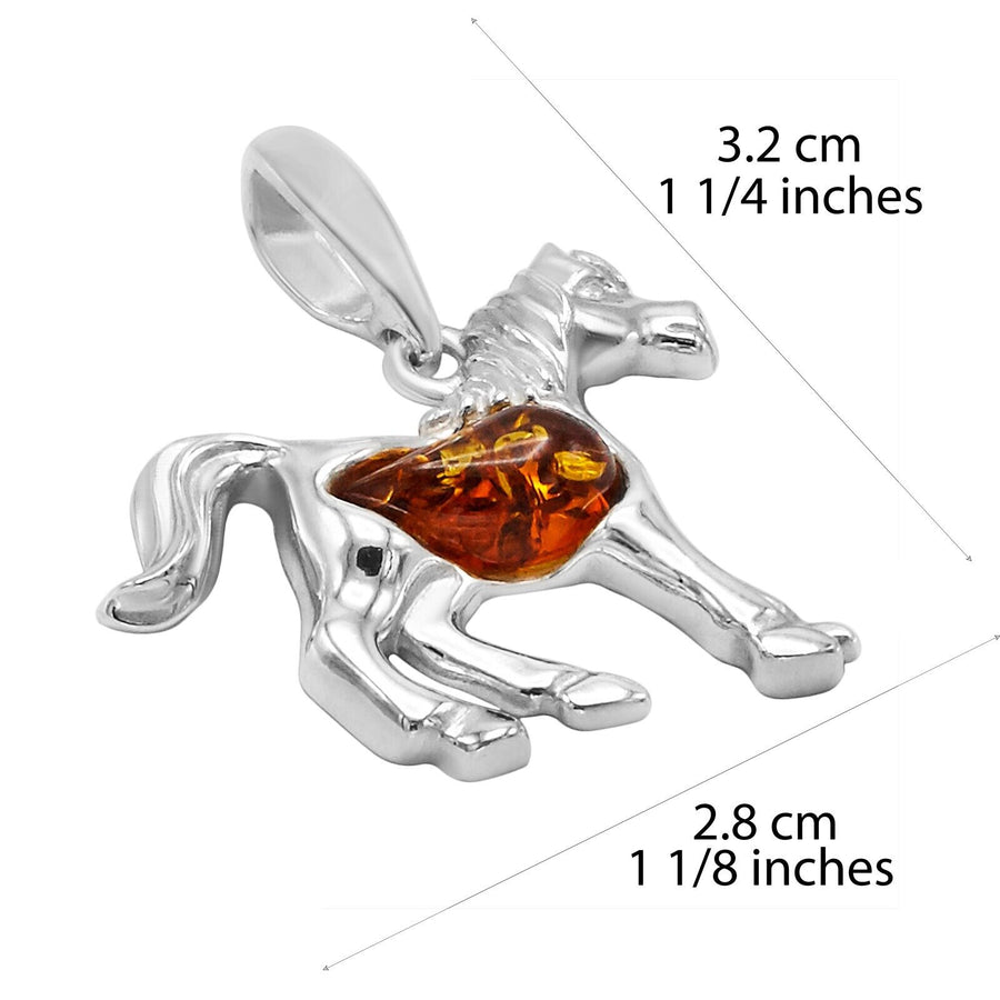 925 Solid Sterling Silver Natural Cognac Baltic Amber Beautiful Horse Pendant