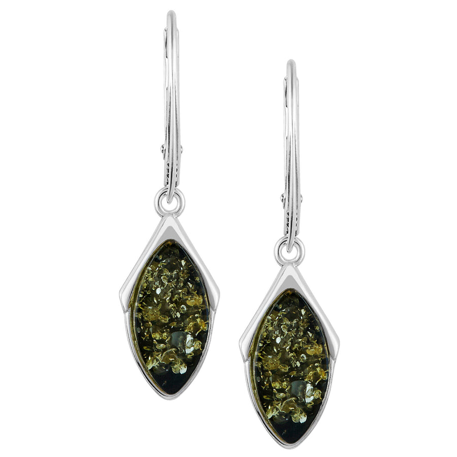 925 Solid Pure Sterling Silver Green Baltic Amber Marquise Leverback Earrings