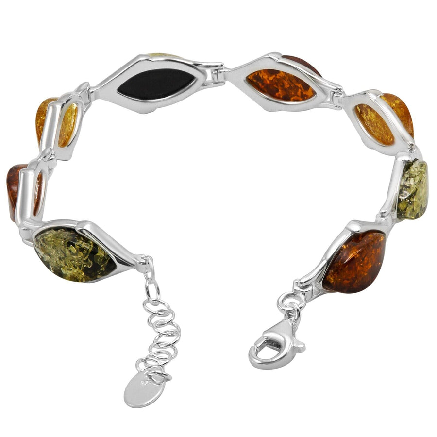 925 Sterling Silver Multicolor Baltic Amber Marquise Adjustable Bracelet 8 in
