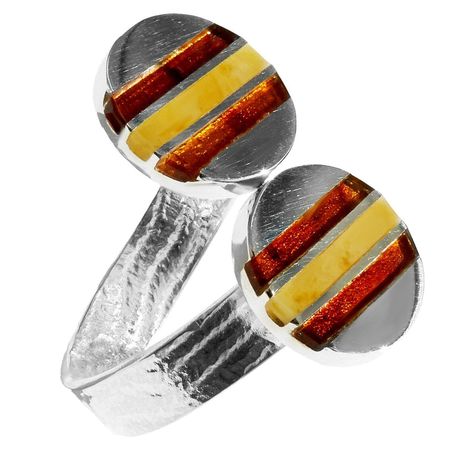 925 Solid Sterling Silver Multicolor Baltic Amber Round Inlay Adjustable Ring