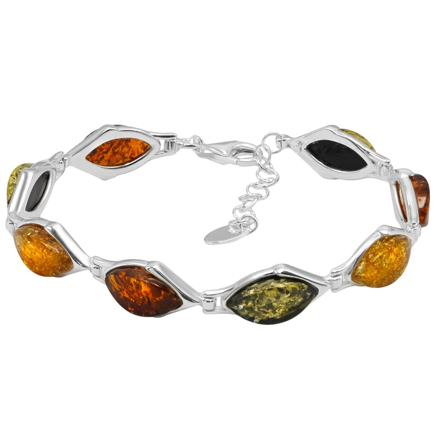 925 Sterling Silver Multicolor Baltic Amber Marquise Adjustable Bracelet 8 in