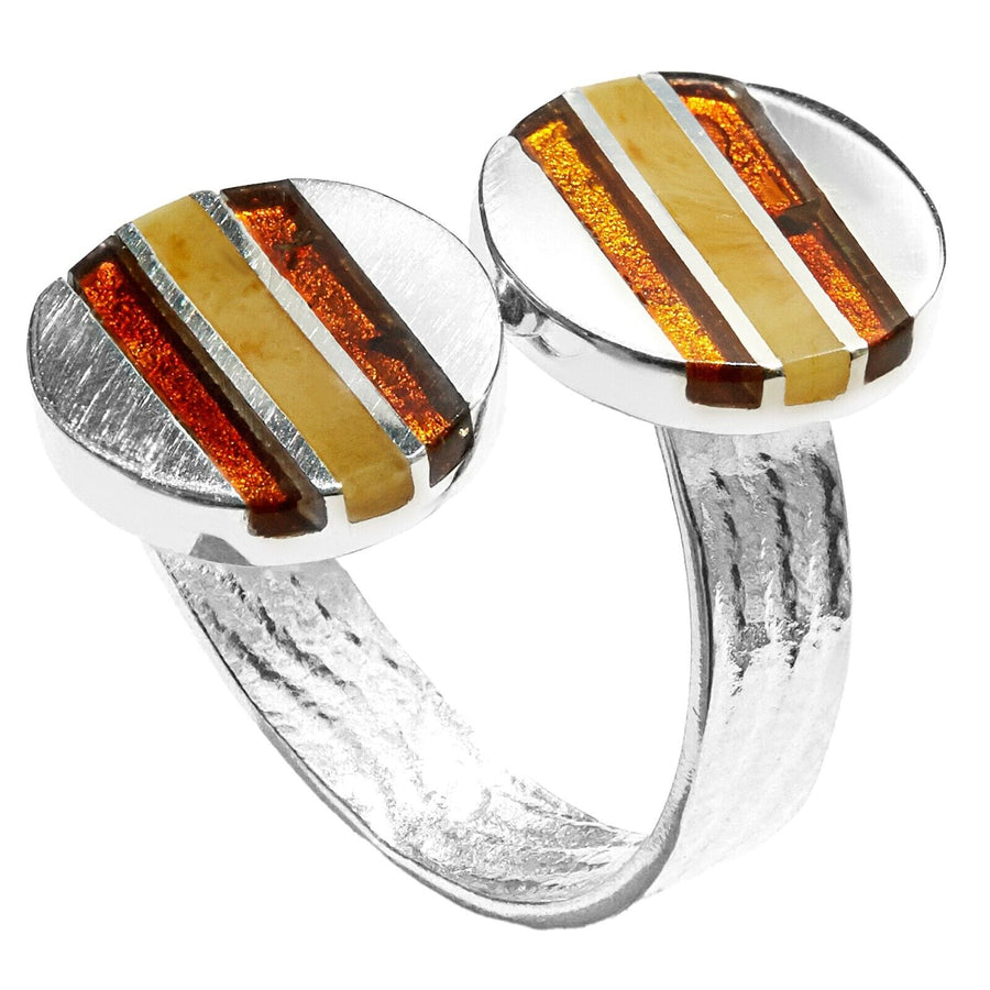 925 Solid Sterling Silver Multicolor Baltic Amber Round Inlay Adjustable Ring