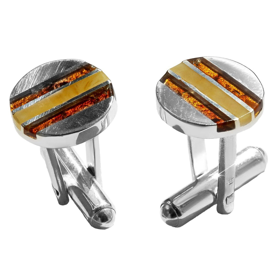 925 Solid Sterling Silver Multicolor Baltic Amber Round Modern Inlay Cufflinks