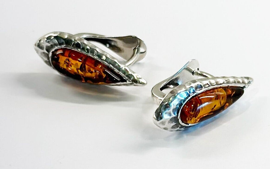 925 Solid Pure Sterling Silver Honey Baltic Amber Marquise Omega Post Earrings
