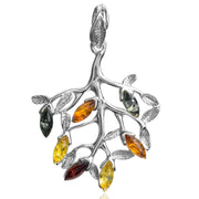 925 Solid Sterling Silver Multicolor Amber Marquise Beautiful Leaves Pendant