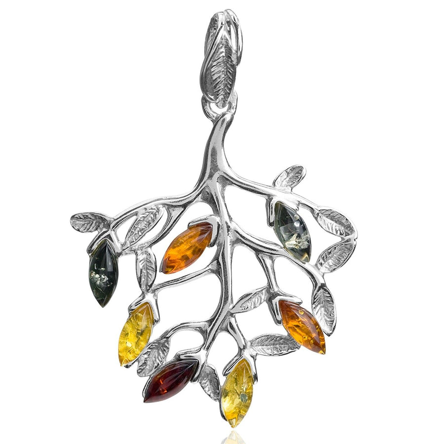 925 Solid Sterling Silver Multicolor Amber Marquise Beautiful Leaves Pendant