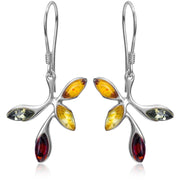 925 Solid Sterling Silver Multicolor Baltic Amber Marquise Leaves Hook Earrings