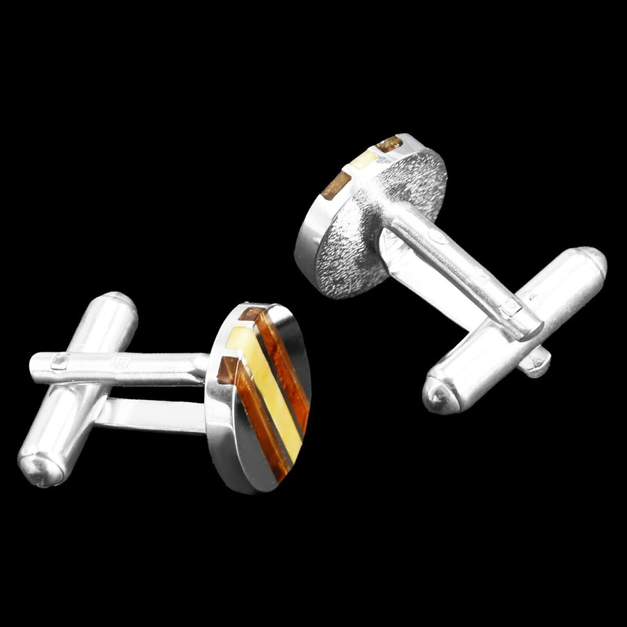 925 Solid Sterling Silver Multicolor Baltic Amber Round Modern Inlay Cufflinks