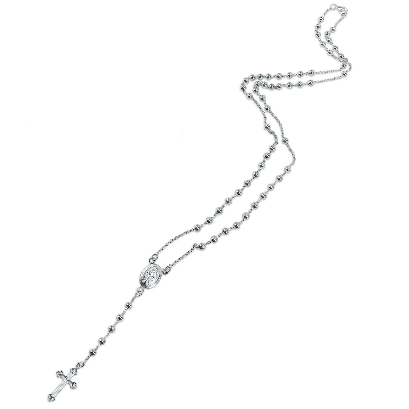 925 Sterling Silver Rosary Necklace – Virgin Mary & Cross, 20-Inch, 3mm Beads
