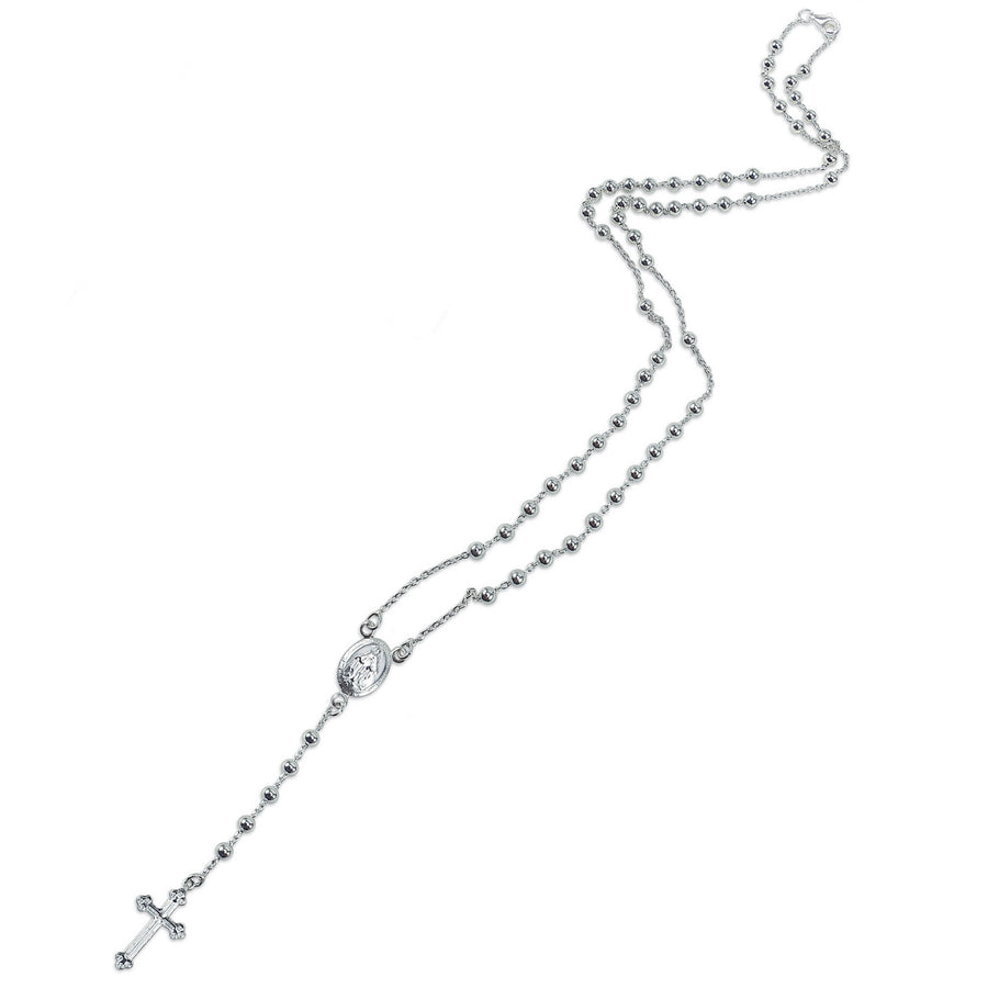 925 Sterling Silver Rosary Necklace – Virgin Mary & Cross, 20-Inch, 3mm Beads