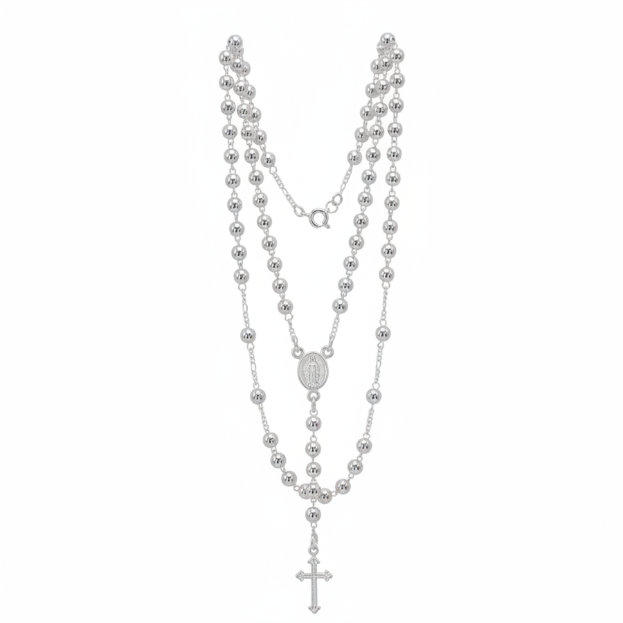 Sterling Silver Rosary Necklace 20 Inch | 4mm Beads, Virgin Mary Medal and Cross