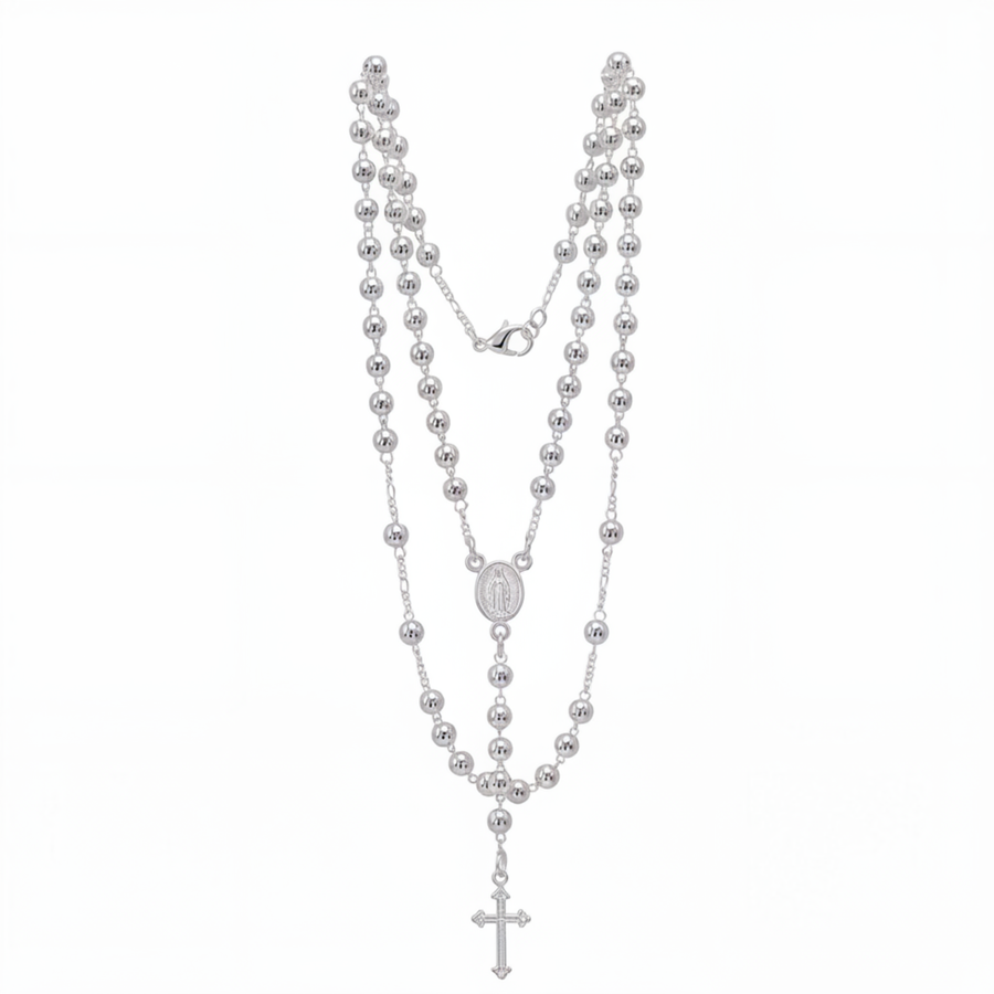 Sterling Silver Rosary Necklace 20 Inch | 4mm Beads, Virgin Mary Medal and Cross