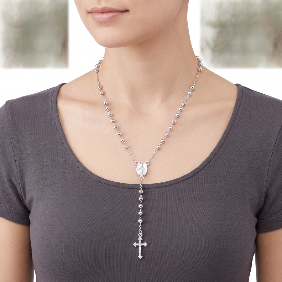 Sterling Silver Rosary Necklace 20 Inch | 4mm Beads, Virgin Mary Medal and Cross