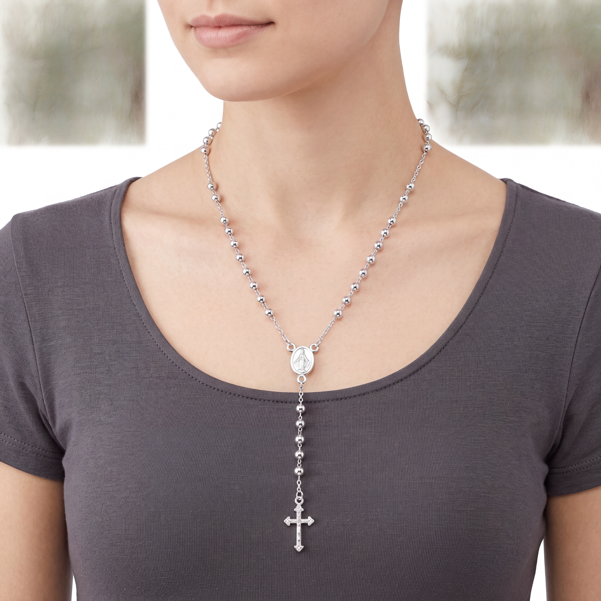 Heavy Sterling Silver Rosary Necklace 24 Inch | 5mm Beads, Virgin Mary Medal and Cross