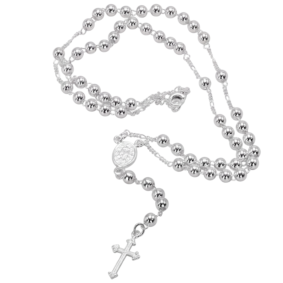 Sterling Silver Rosary Necklace 20 Inch | 4mm Beads, Virgin Mary Medal and Cross