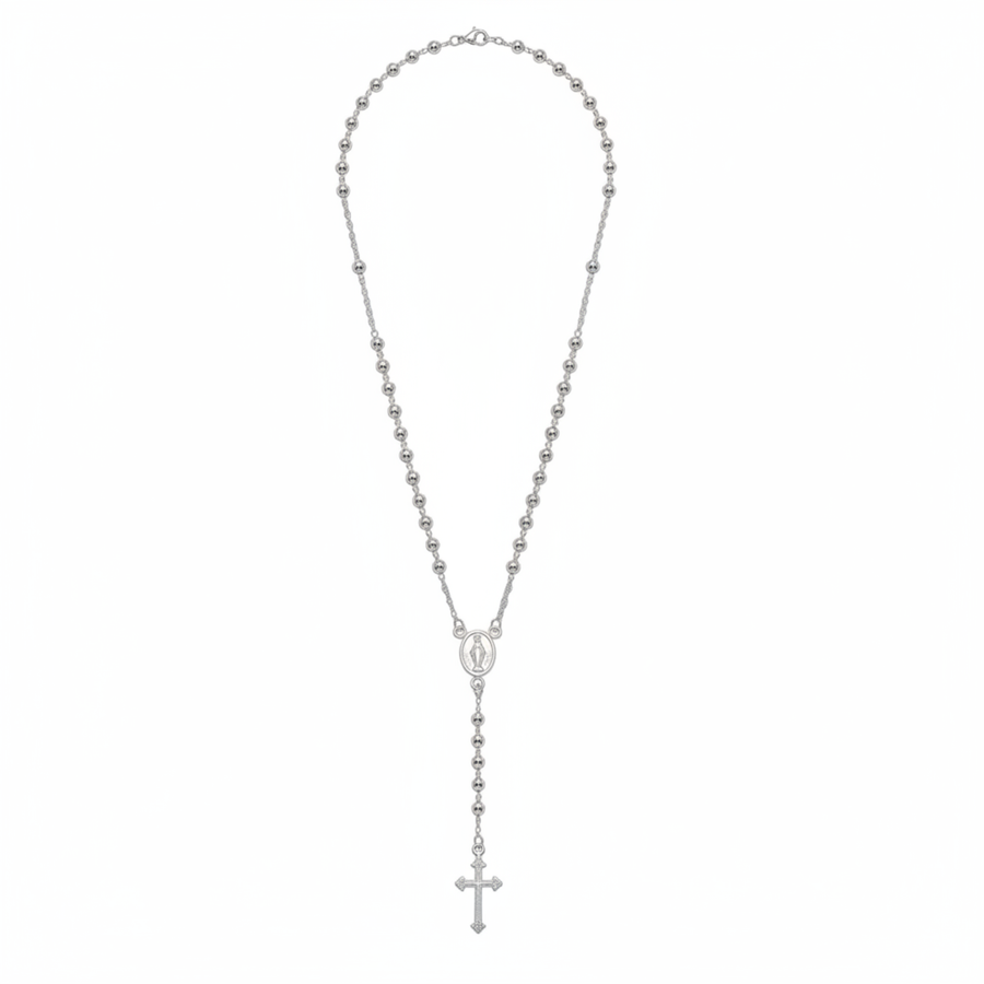 Sterling Silver Rosary Necklace 20 Inch | 4mm Beads, Virgin Mary Medal and Cross
