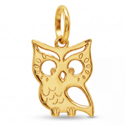 10K Yellow Gold Whimsical Owl Pendant with Cutwork Eyes and Engraved Feather Detail Fine Jewelry