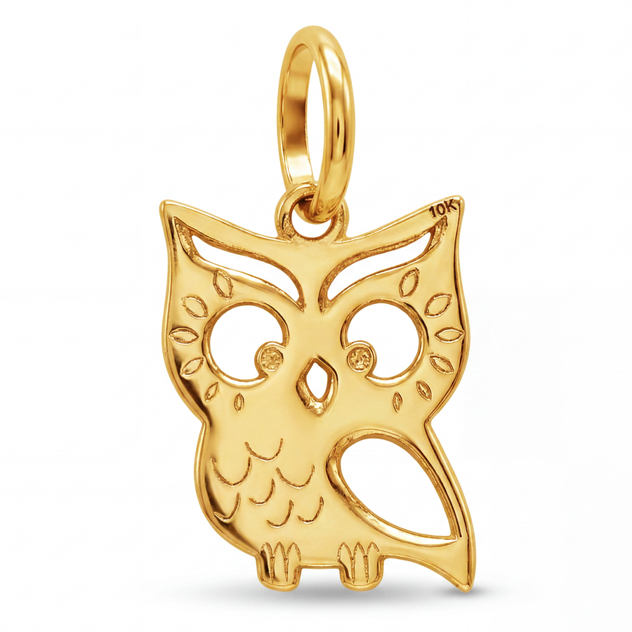 10K Yellow Gold Whimsical Owl Pendant with Cutwork Eyes and Engraved Feather Detail Fine Jewelry