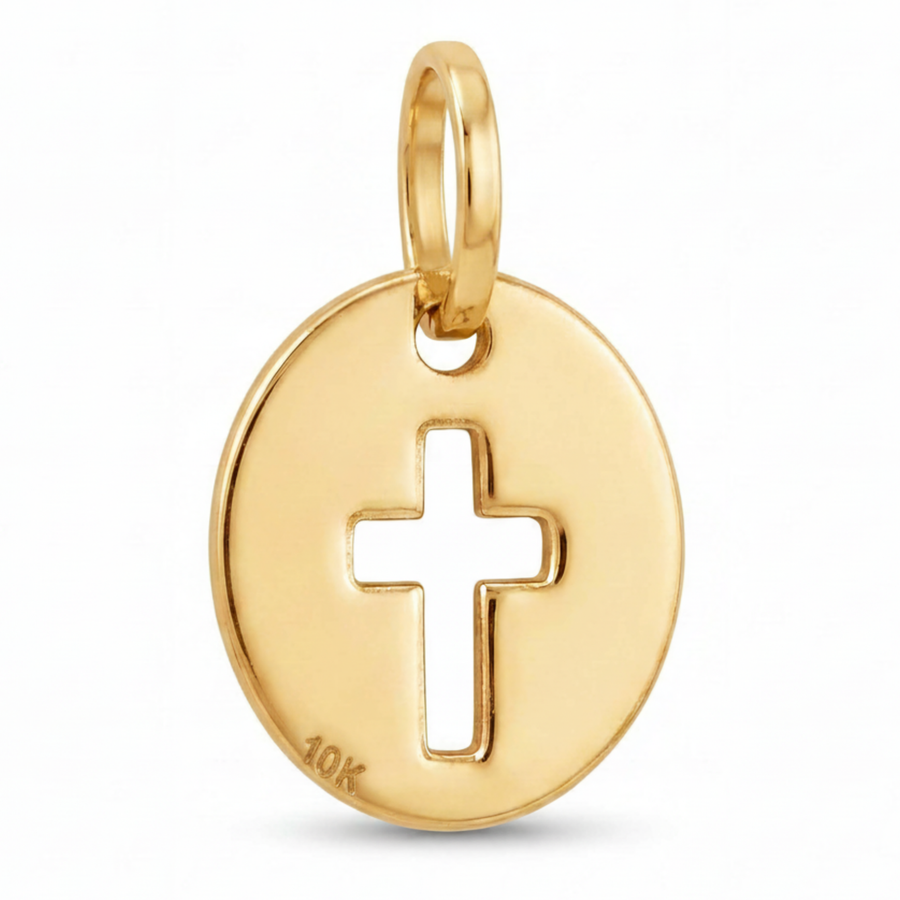 10K Yellow Gold Polished Round Pendant with Cross Cutout Religious Fine Jewelry Faith Gift