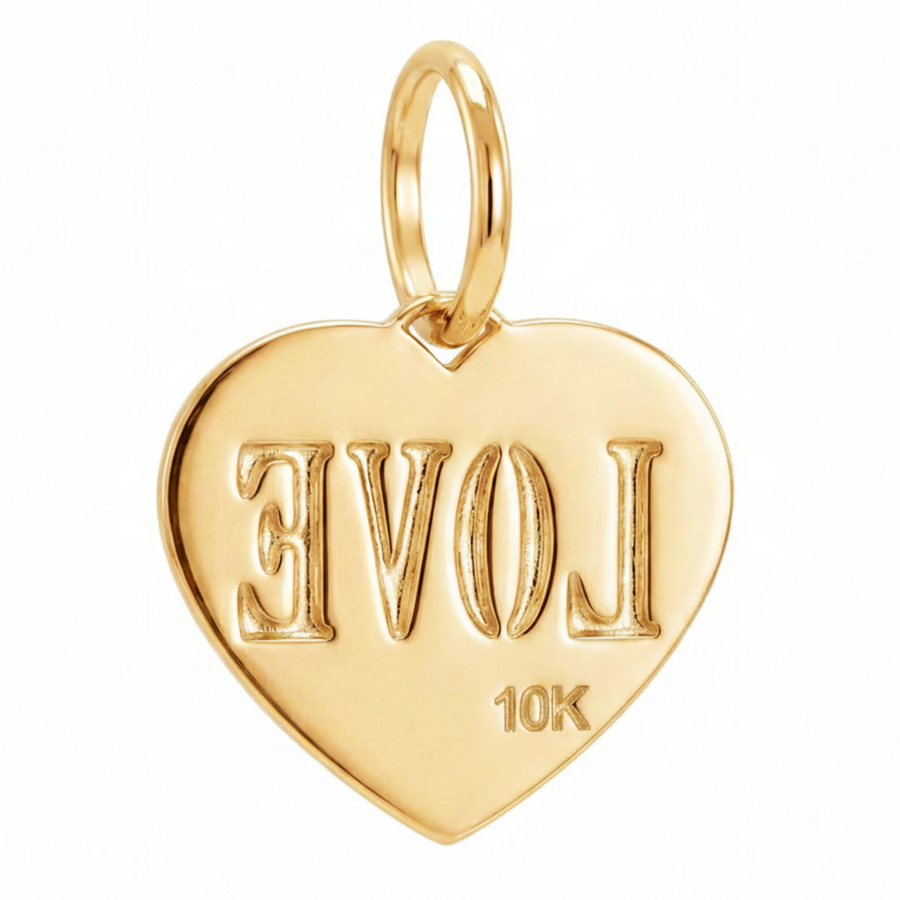 10K Yellow Gold Love Heart Pendant with Cutwork Lettering and Dot Border Fine Jewelry Gift