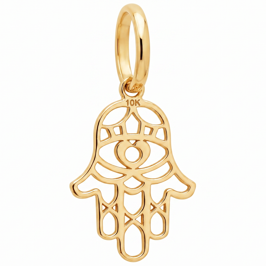 10K Yellow Gold Filigree Hamsa Hand Pendant with Evil Eye and Geometric Cutwork Spiritual Fine Jewelry