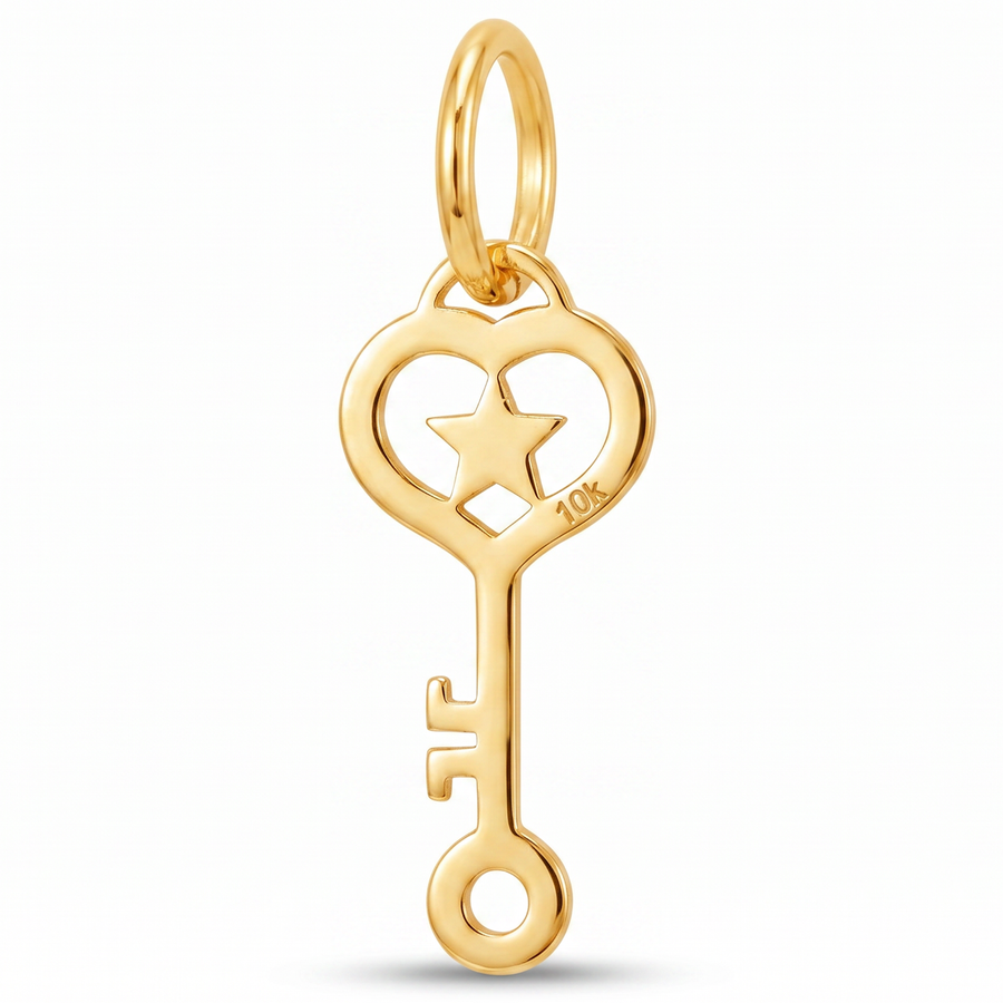 10K Yellow Gold Heart Key Pendant with Star Cutout Delicate Romantic Fine Jewelry Gift