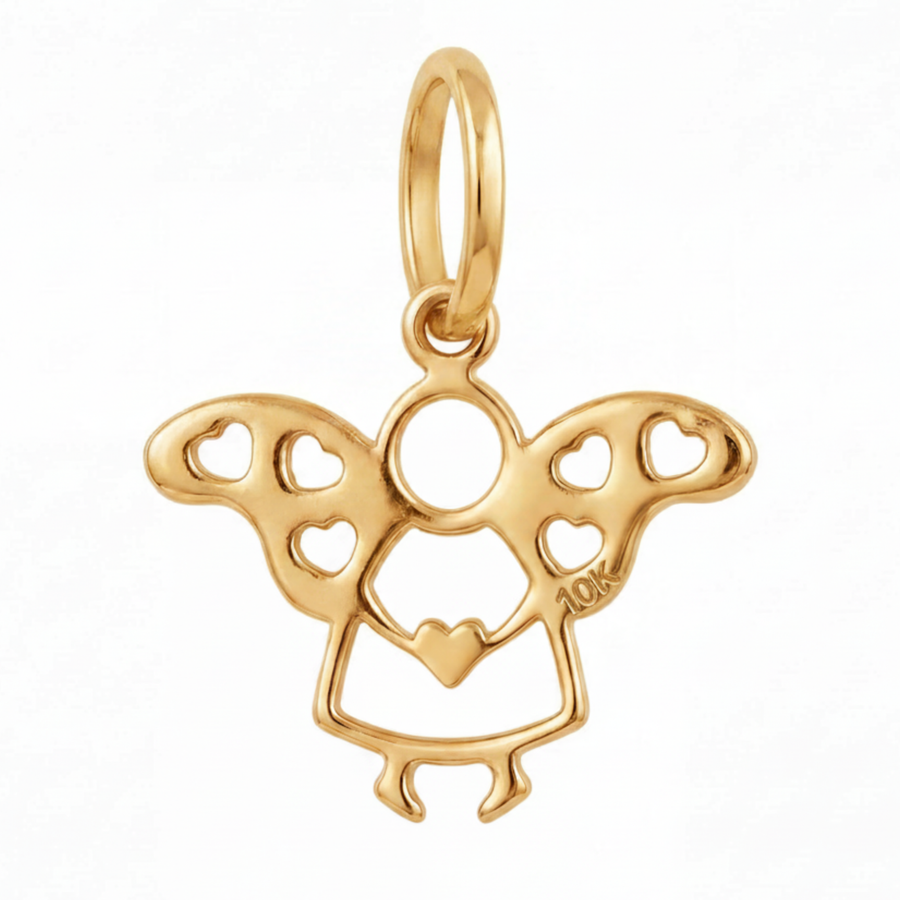 10K Yellow Gold Angel Pendant with Heart Cutout Wings and Chest Heart Spiritual Fine Jewelry