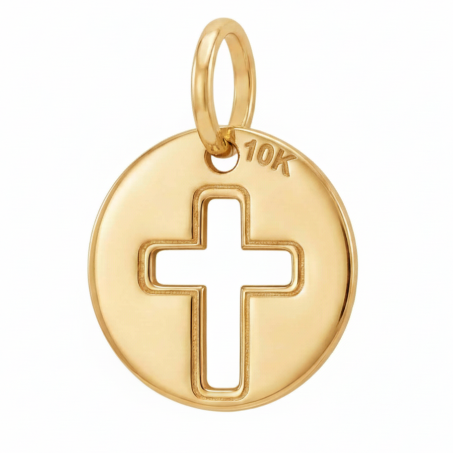 10K Yellow Gold Round Pendant with Cross Cutout Religious Fine Jewelry Meaningful Faith Gift