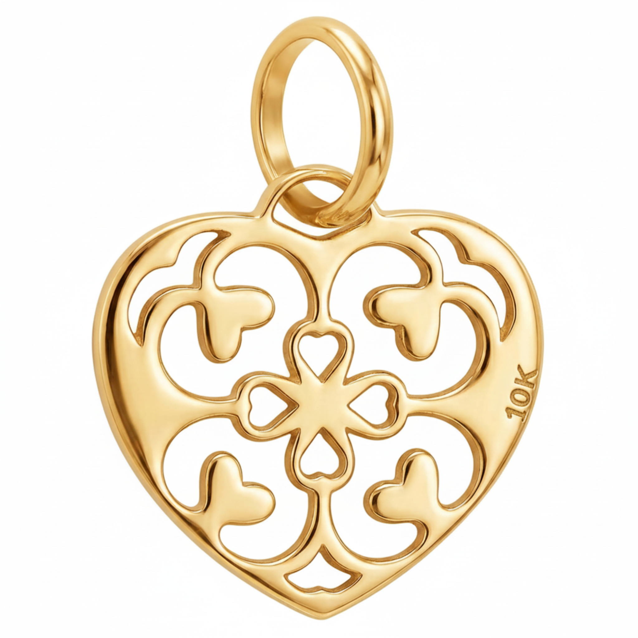 10K Yellow Gold Filigree Heart Pendant with Scrollwork and Heart Cutwork Delicate Fine Jewelry