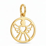 10K Yellow Gold Round Pendant with Angel Wings and Heart Cutwork Spiritual Fine Jewelry Gift