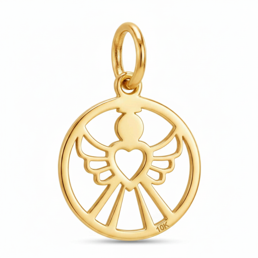 10K Yellow Gold Round Pendant with Angel Wings and Heart Cutwork Spiritual Fine Jewelry Gift