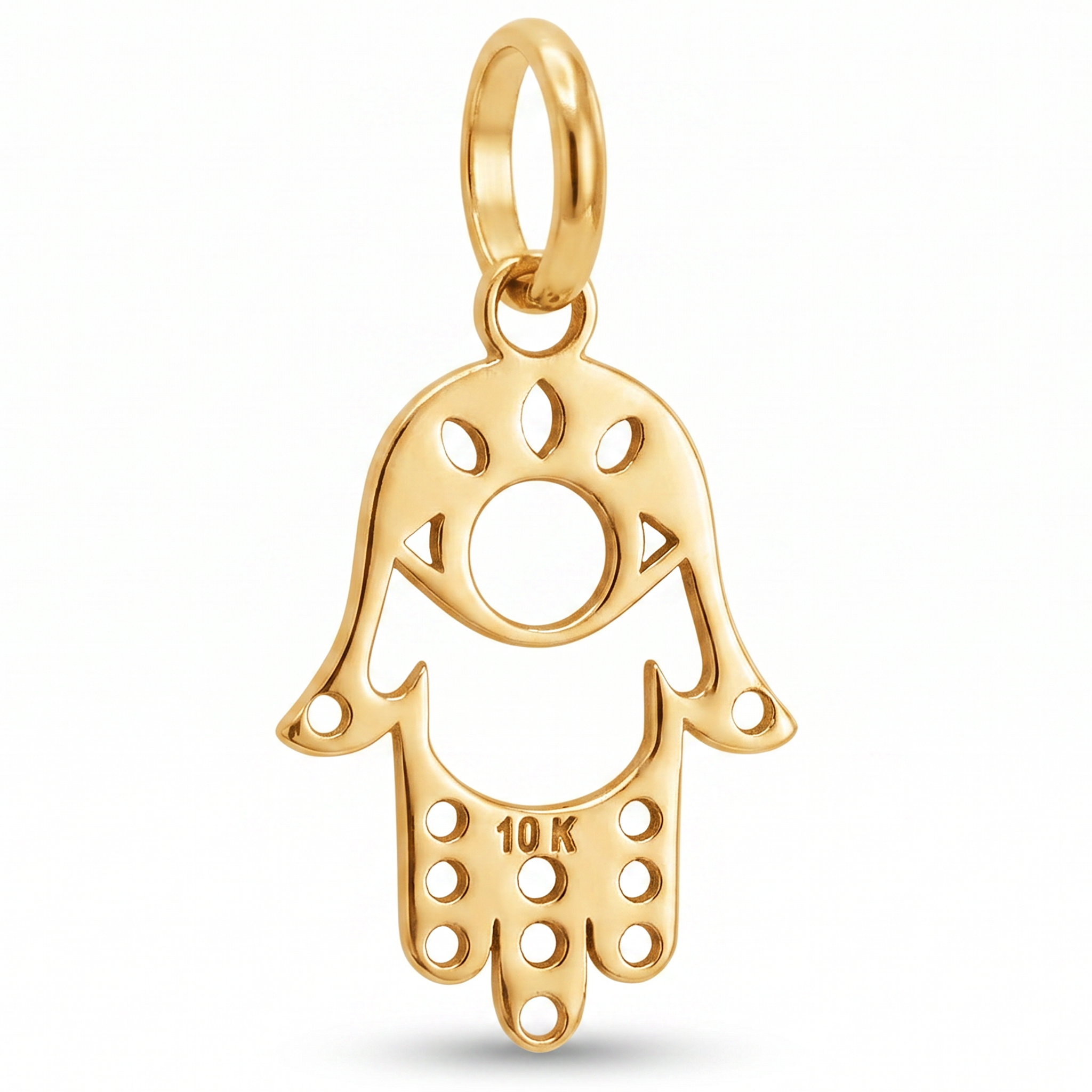 10K Yellow Gold Hamsa Hand Pendant with Evil Eye and Geometric Cutwork Spiritual Fine Jewelry