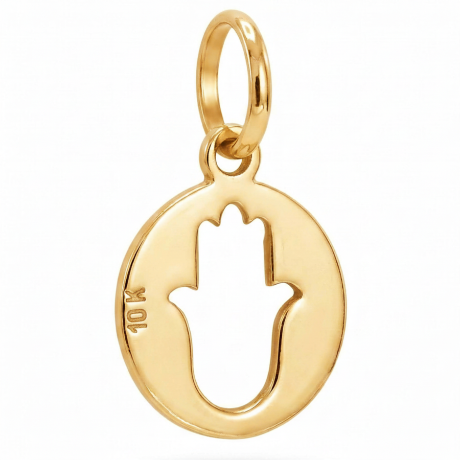 10K Yellow Gold Round Pendant with Hamsa Hand Cutout Delicate Spiritual Protection Fine Jewelry
