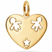 10K Yellow Gold Mommy Heart Pendant with Children Silhouettes and Star Cutwork Fine Jewelry