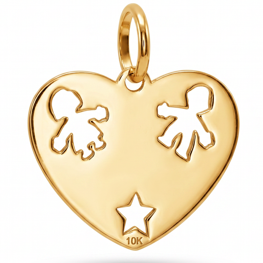 10K Yellow Gold Mommy Heart Pendant with Children Silhouettes and Star Cutwork Fine Jewelry
