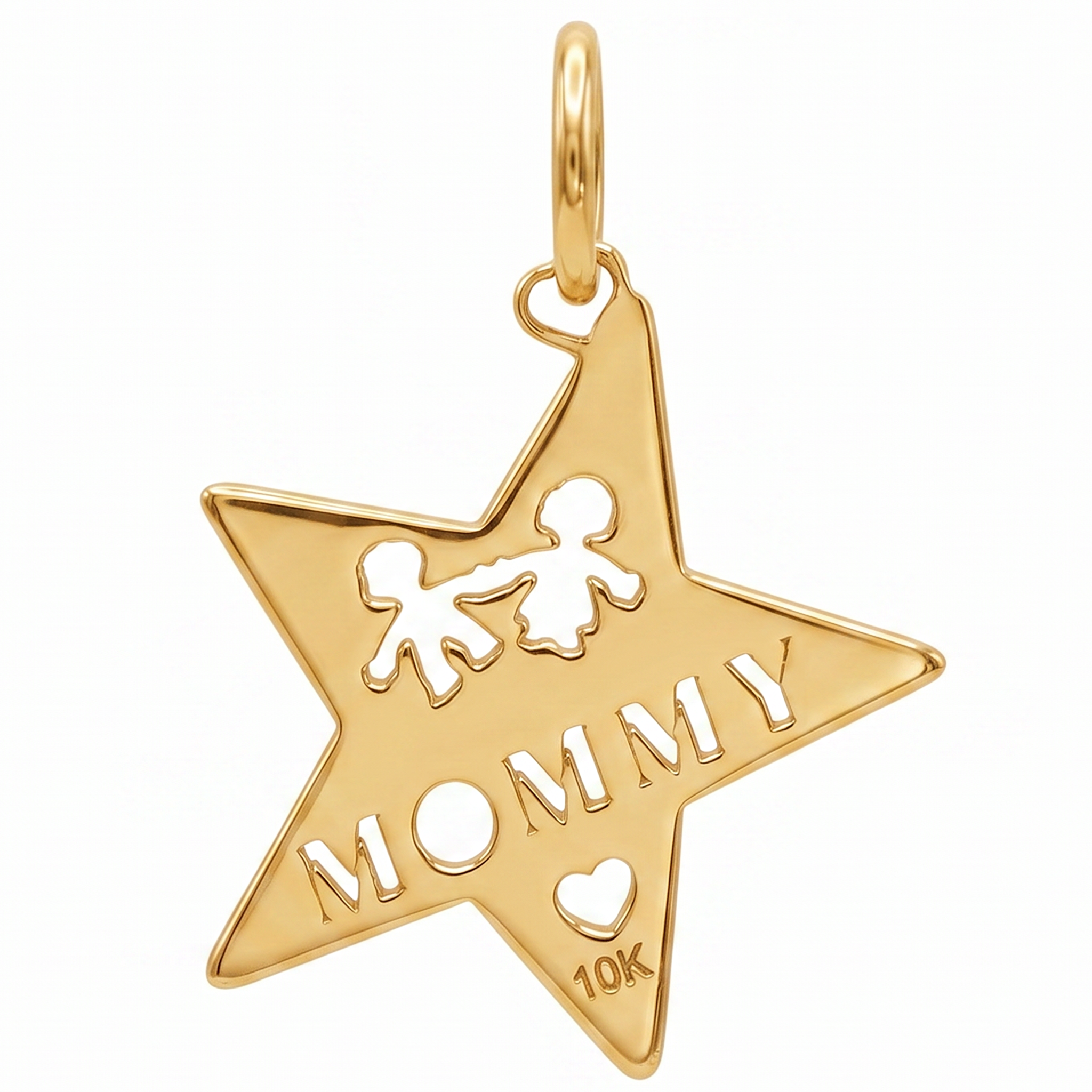 10K Yellow Gold Mommy Star Pendant with Children Silhouettes and Heart Cutwork Fine Jewelry