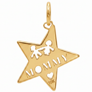 10K Yellow Gold Mommy Star Pendant with Children Silhouettes and Heart Cutwork Fine Jewelry