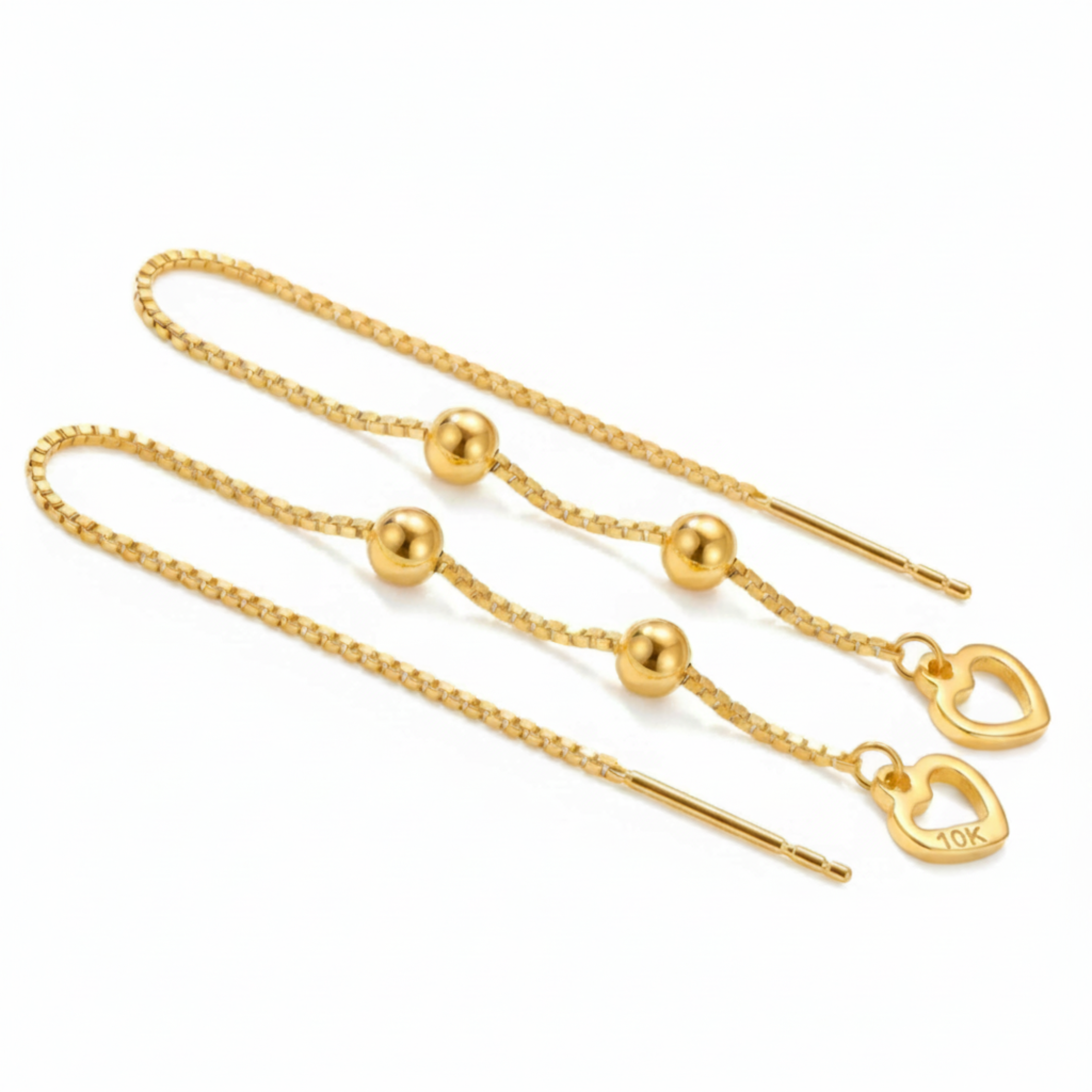 10K Yellow Gold Open Heart Threader Earrings Long Drop Dangle Ball Box Chain Delicate