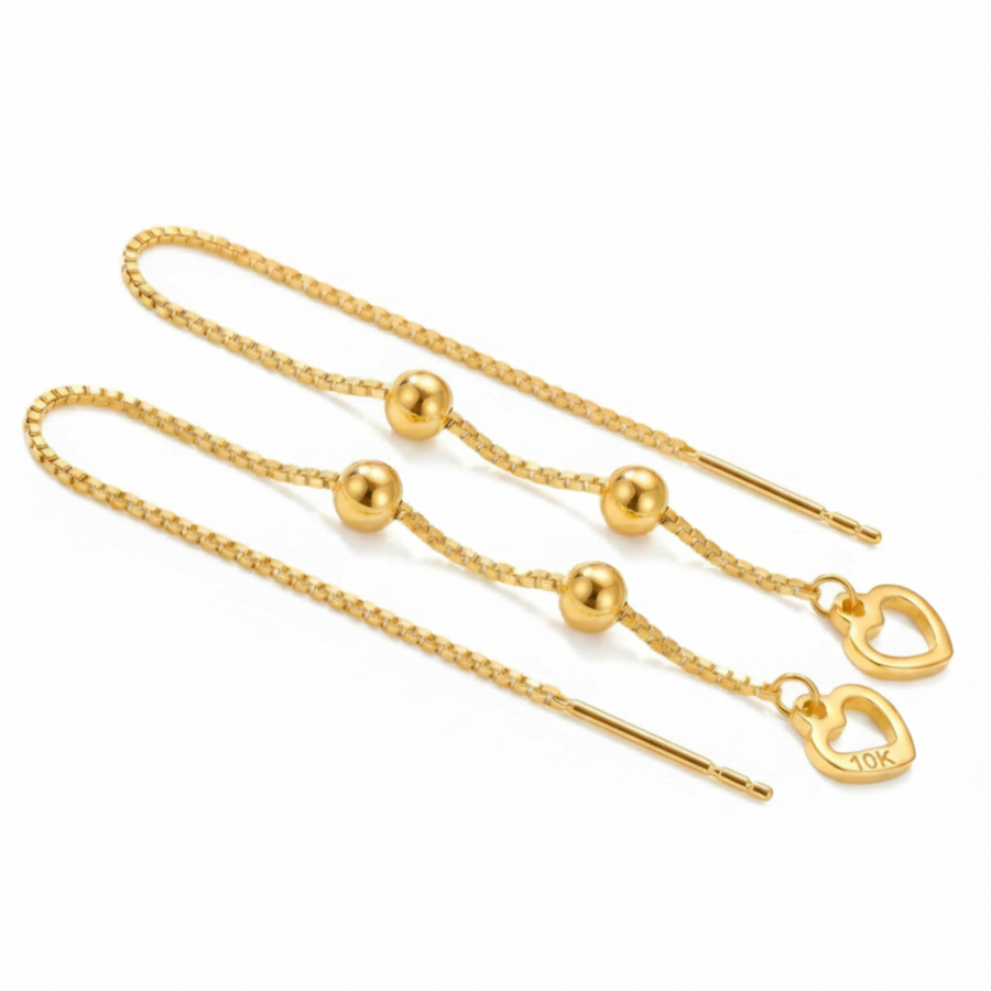 10K Yellow Gold Open Heart Threader Earrings Long Drop Dangle Ball Box Chain Delicate