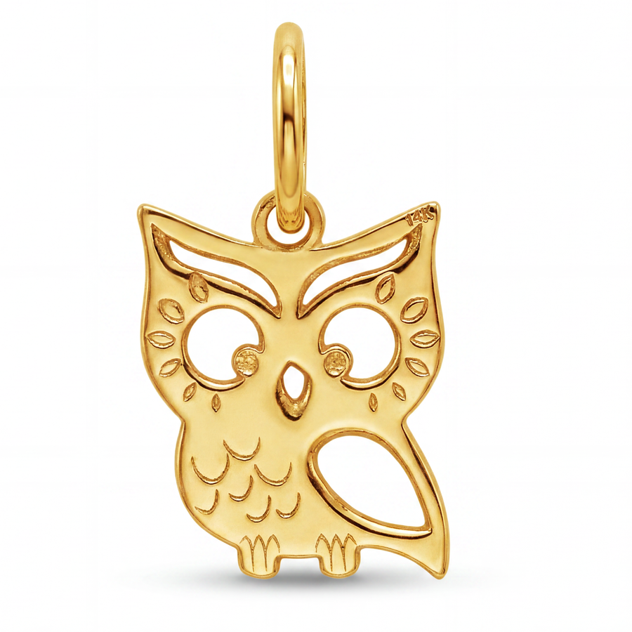 14K Yellow Gold Whimsical Owl Pendant with Cutwork Eyes and Engraved Feather Detail Fine Jewelry