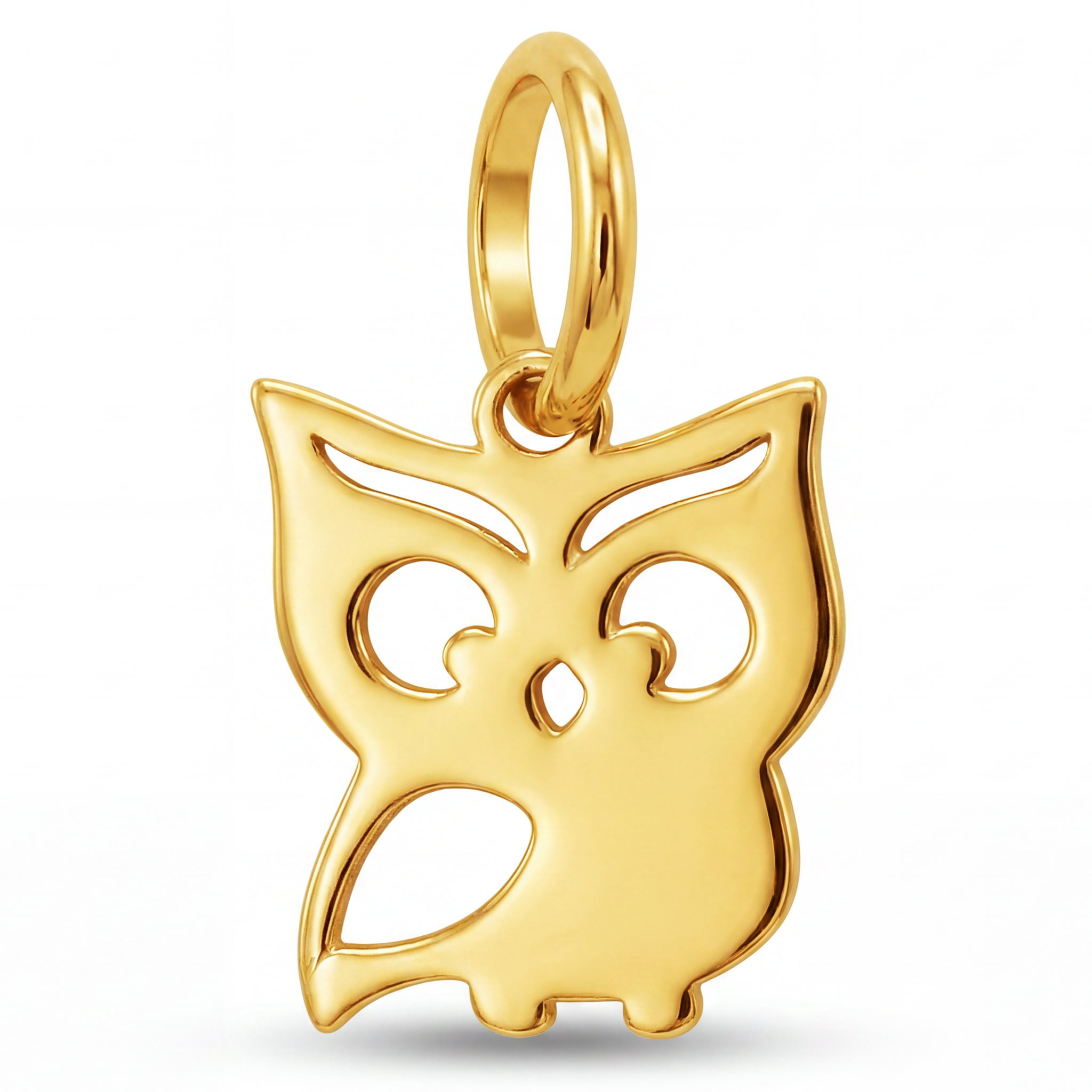 14K Yellow Gold Whimsical Owl Pendant with Cutwork Eyes and Engraved Feather Detail Fine Jewelry