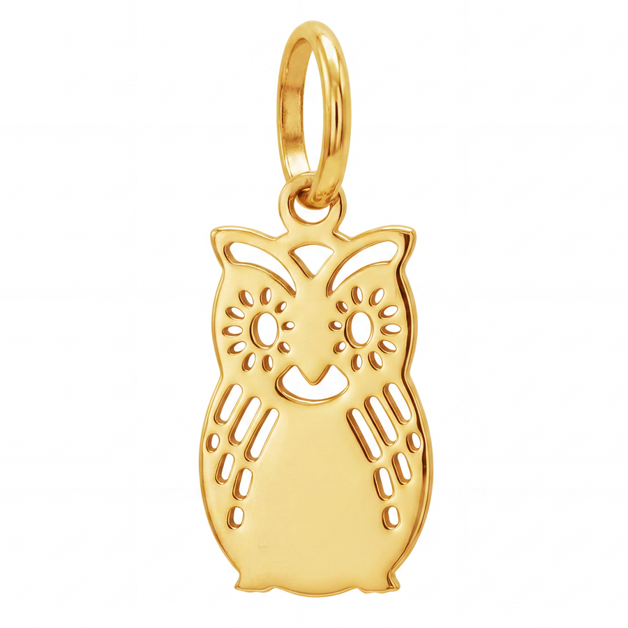 14K Yellow Gold Filigree Owl Pendant with Cutwork Detail Wisdom Symbol Fine Jewelry Gift