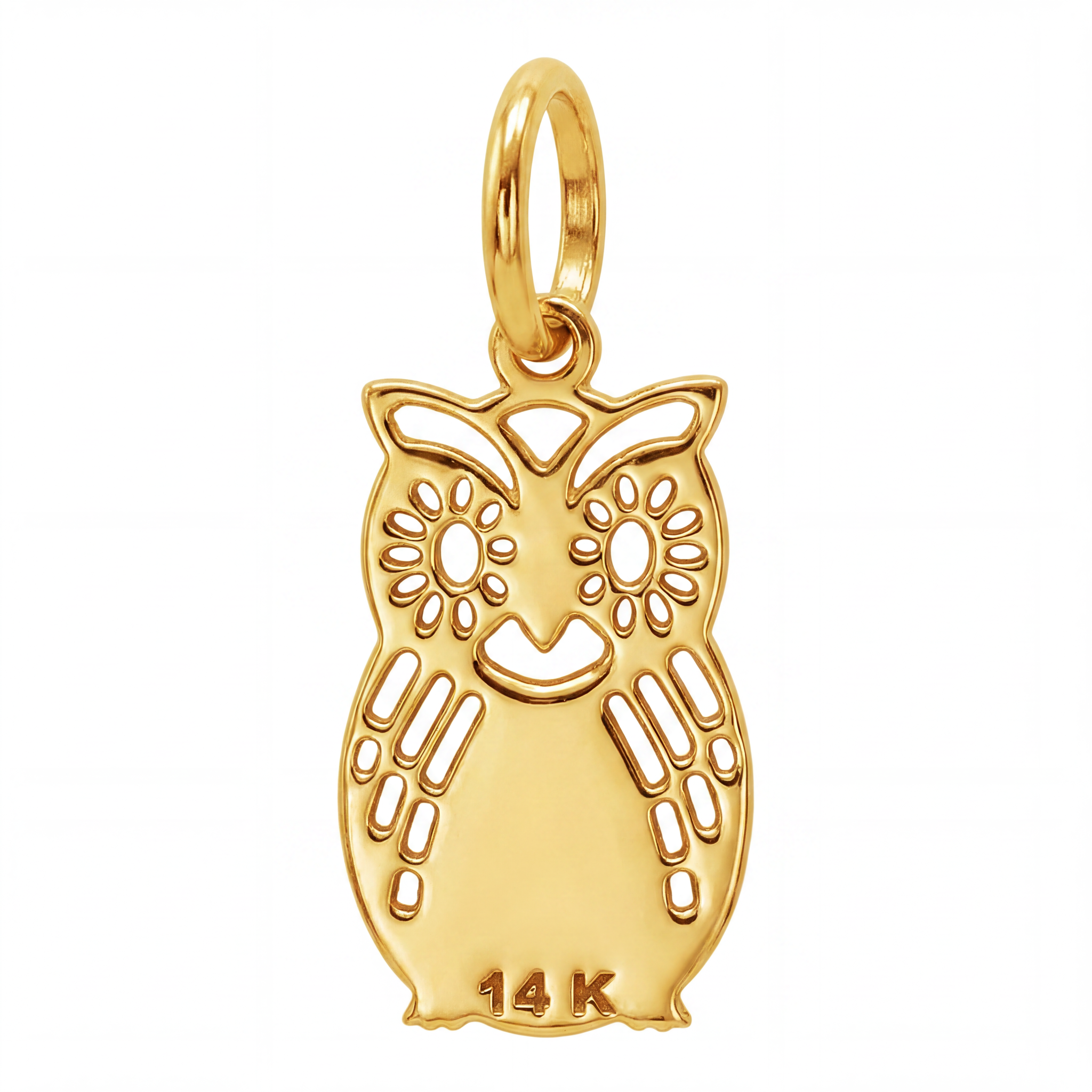 14K Yellow Gold Filigree Owl Pendant with Cutwork Detail Wisdom Symbol Fine Jewelry Gift